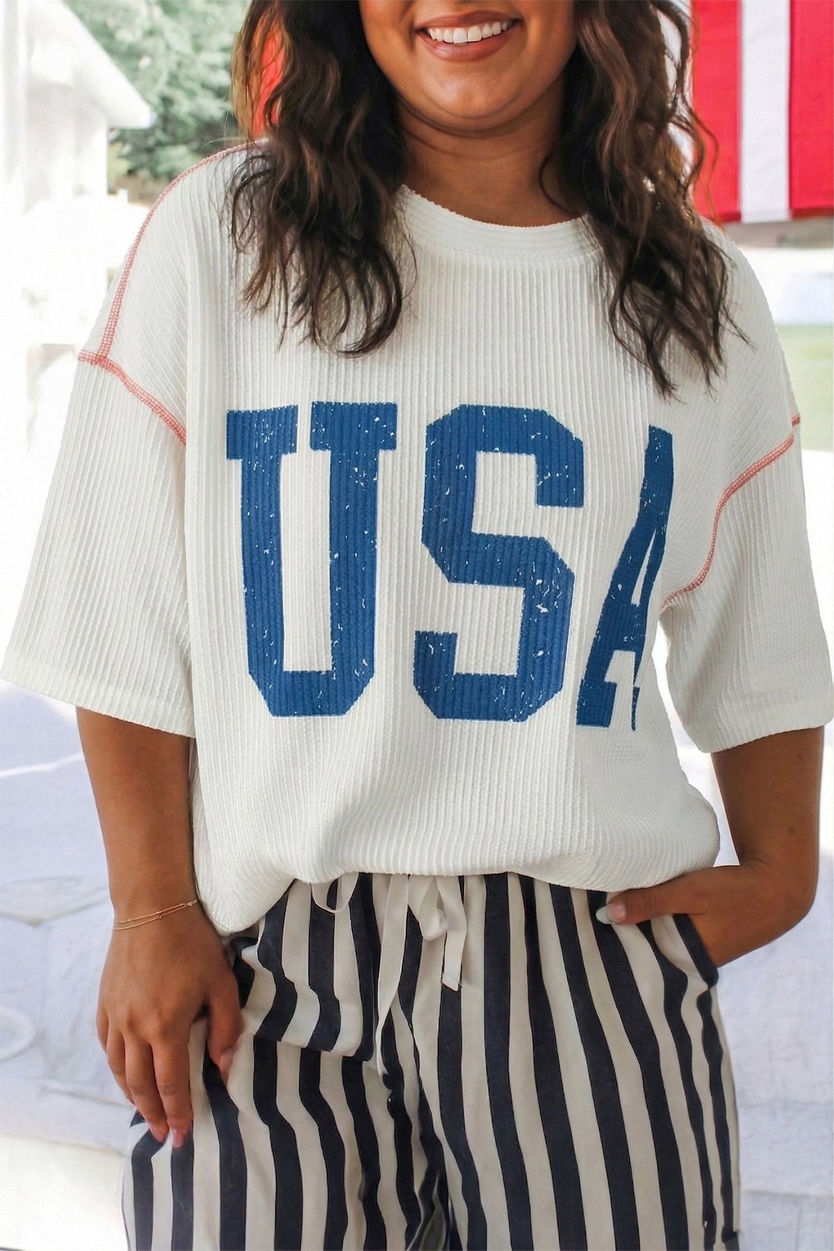 White Plus Size Twisted Rib Vintage USA Letter Printed T Shirt