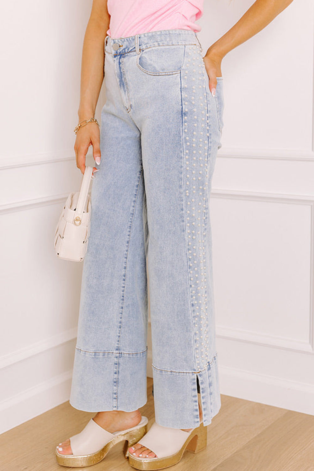 Beau Blue Mid Rise Pearl Embellished Split Wide Leg Jeans