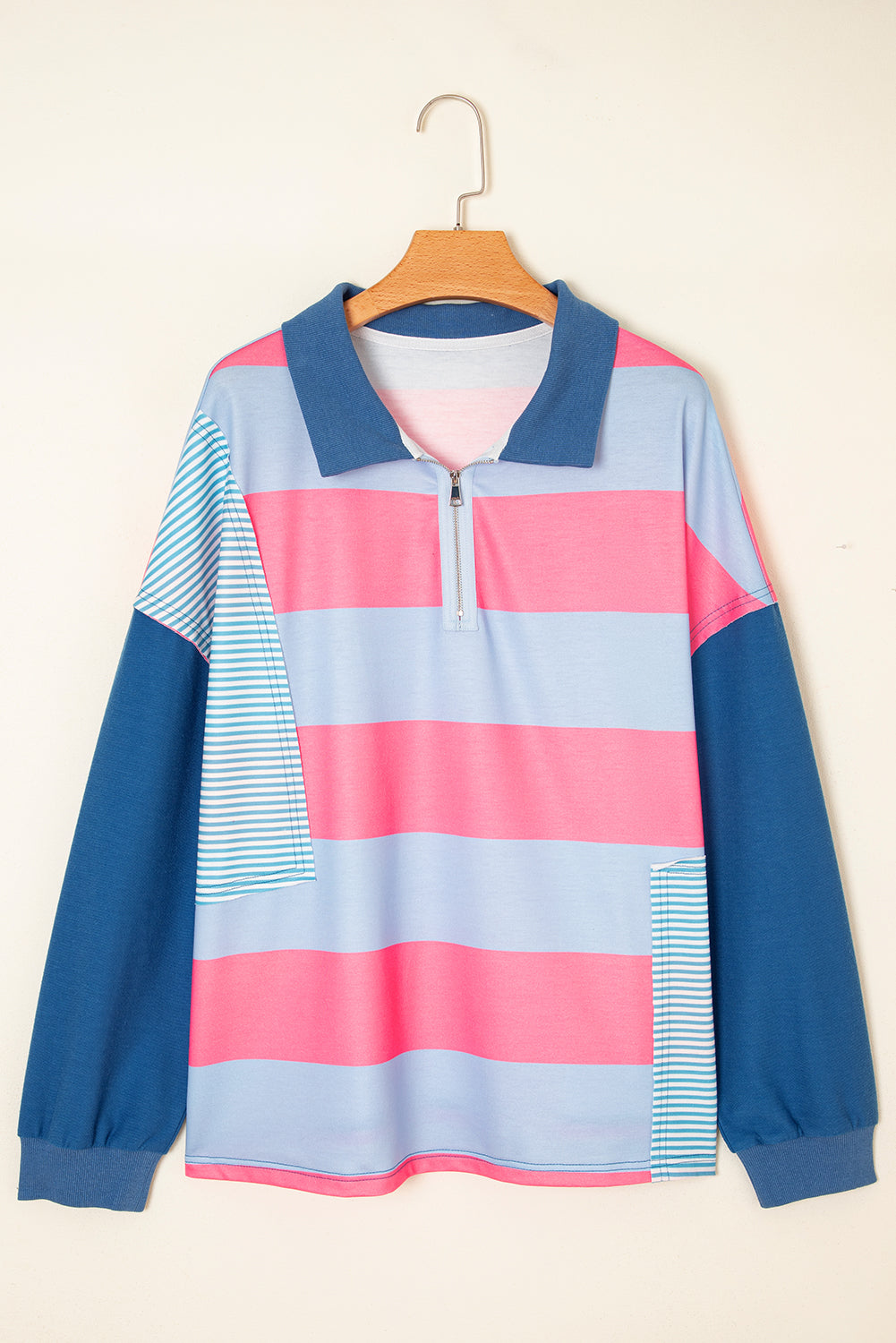 Blue Stripe Colorblock Patchwork Zip up Plus Size Pullover