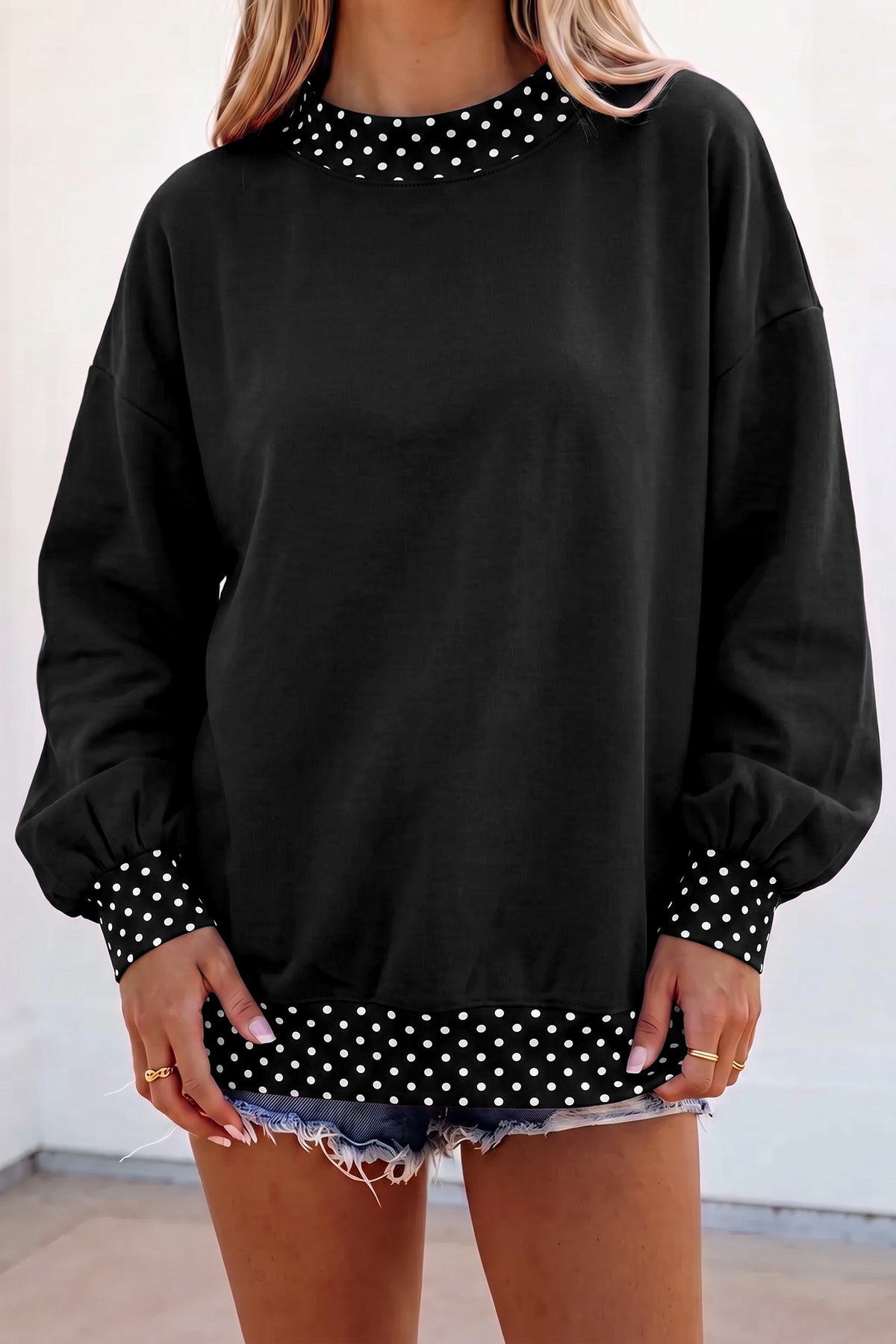 Brown Colorblock Polka Dot Contrast Trim Oversized Sweatshirt