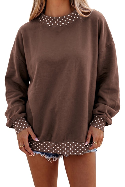 Brown Colorblock Polka Dot Contrast Trim Oversized Sweatshirt
