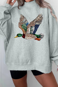Gray Western Style Mallard Duck Printed Graphic Baggy Mock Neck Sweatshirt