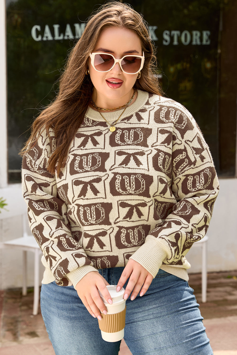 Brown Bow Horseshoe Print Checkered Plus Size Sweater