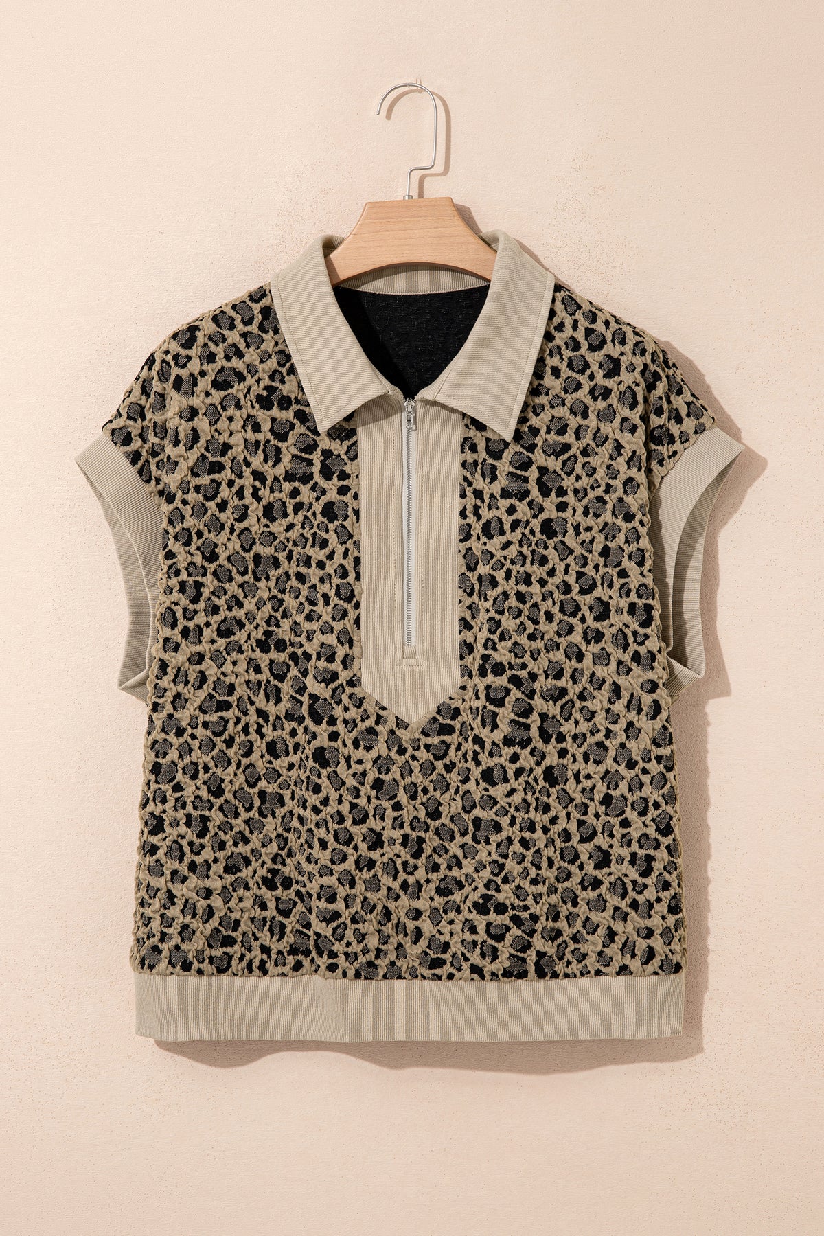 Beige Ribbed Patchwork Collar Cuffed Sleeve Leopard Plus Top