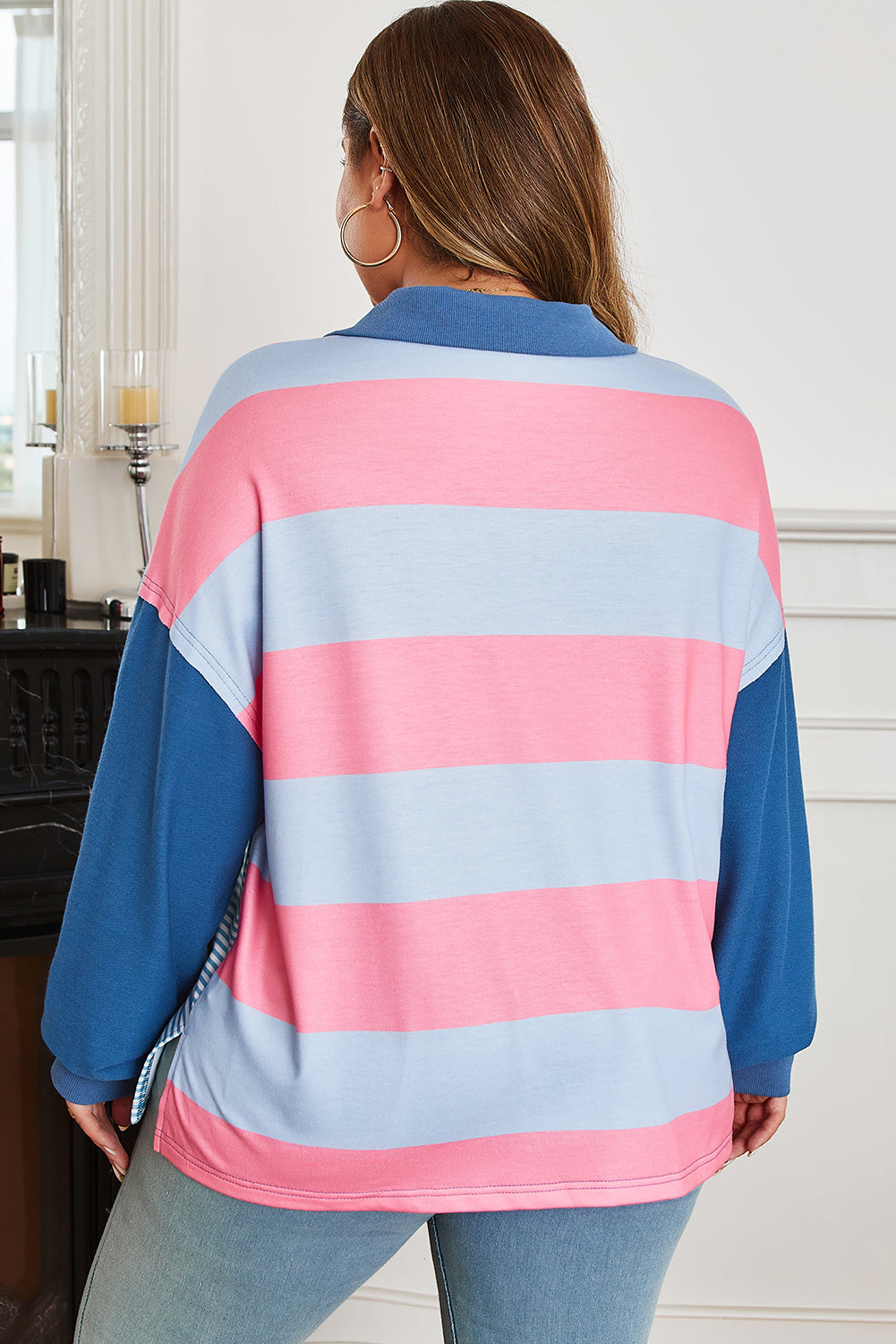 Blue Stripe Colorblock Patchwork Zip up Plus Size Pullover