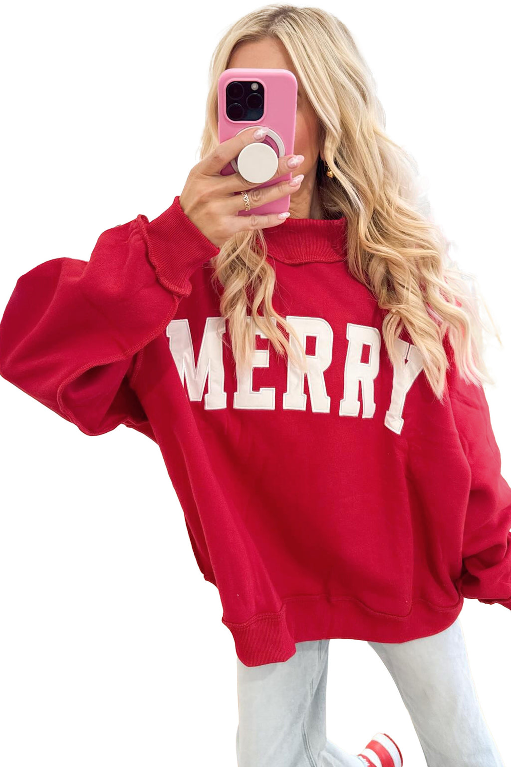 Gray MERRY Embroidered Letter High Neck Tunic Pullover Sweatshirt